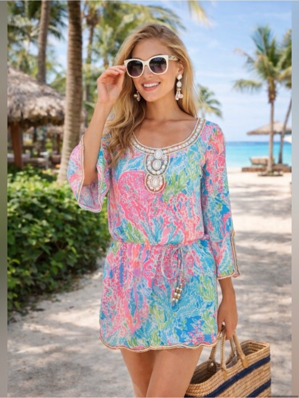 Lilly Pulitzer Pink Blue Green Beaded Dress